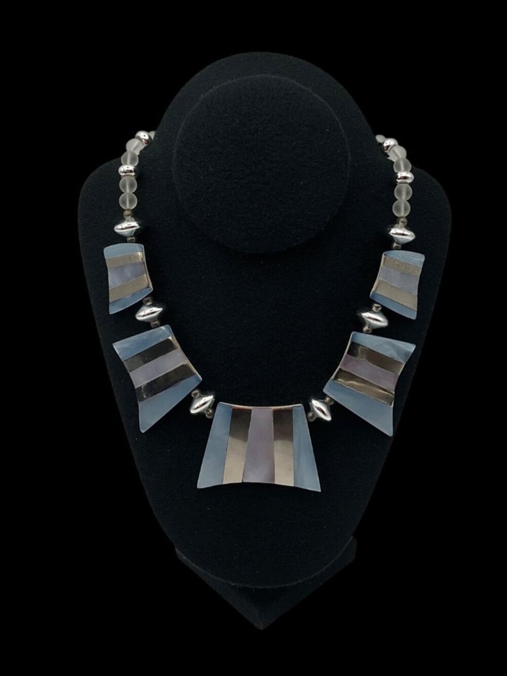 VTG 70's Lee Sands Artisan Silverstone Blue Agate Necklace Frosted Glass Beads